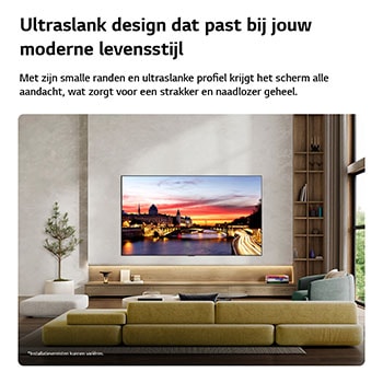 Een LG OLED evo AI C6 is aan de muur bevestigd in een stijlvolle woonruimte. Het apparaat heeft een ultradun ontwerp met smalle randen en toont een stadsgezicht aan de rivier bij zonsondergang op het scherm. 